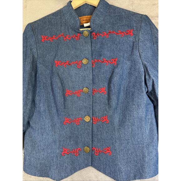 Sharon Young Denim Jacket Medium Blue Red Military Crop Ranch Western Y2K Vtg US - Picture 3 of 10